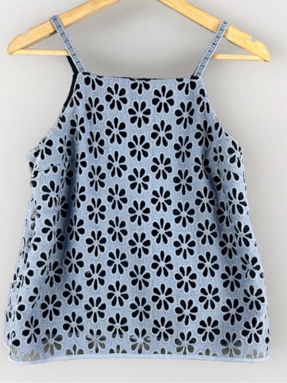 Maeve Anthropologie Light Blue Eyelet Floral Camisole with Black Overlay